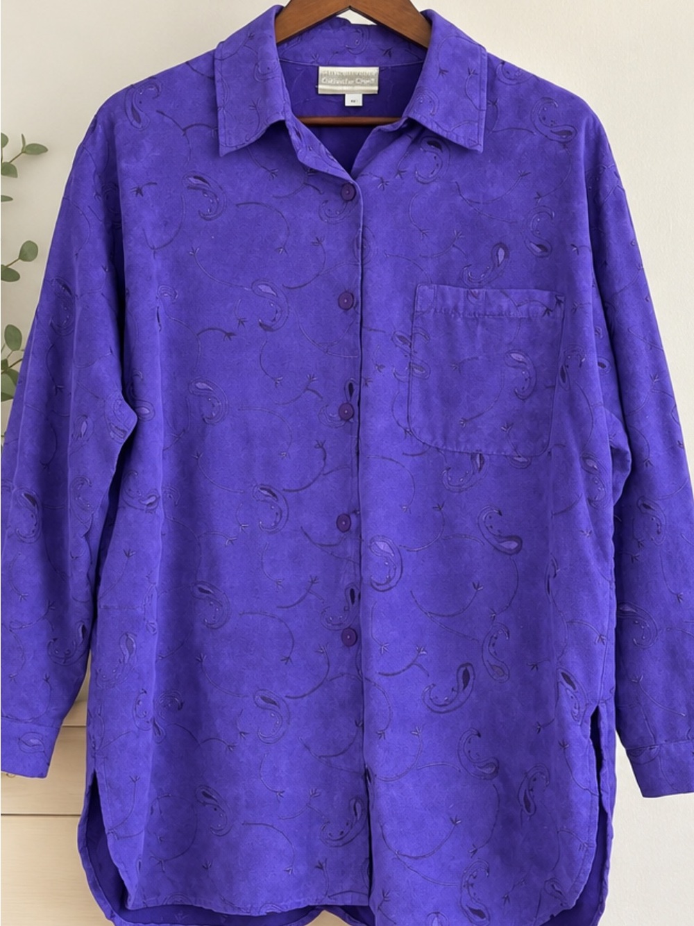 Coldwater Creek Purple Paisley Tunic Shirt Medium Button Front Embroidered Boho